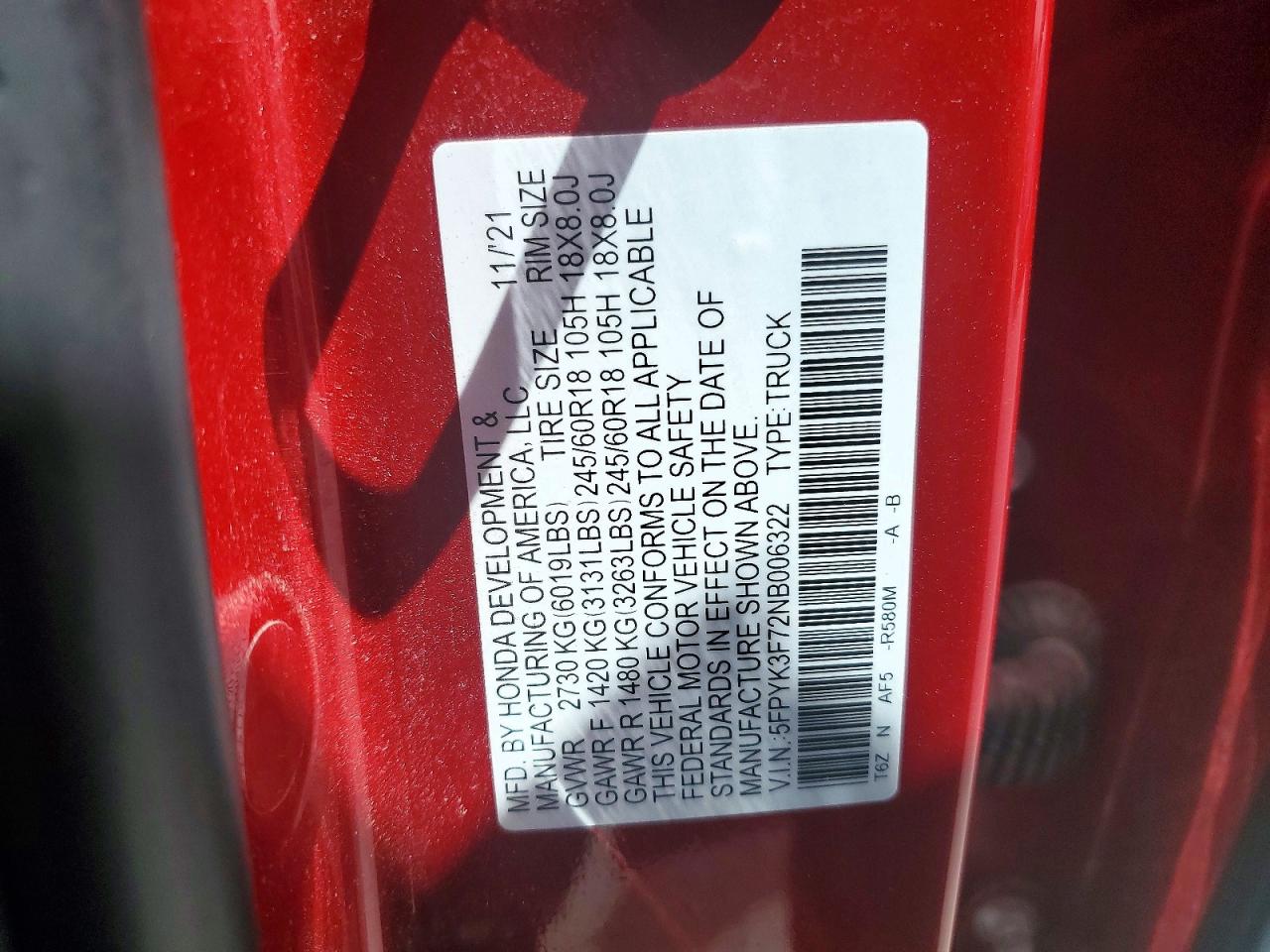 2022 Honda Ridgeline VIN 5FPYK3F72NB006322 photo 12