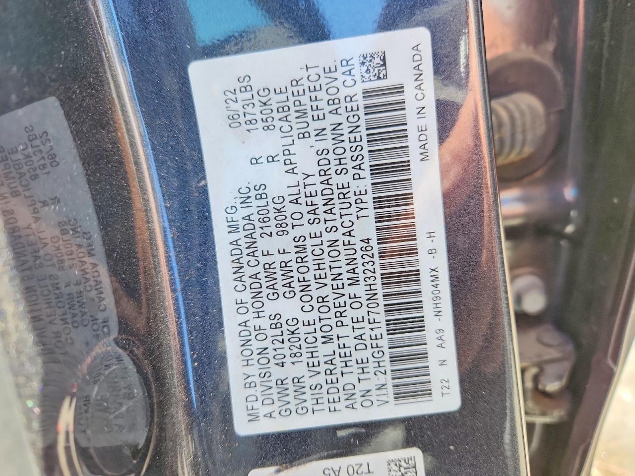 2022 Civic VIN 2HGFE1F70NH323264 photo 12