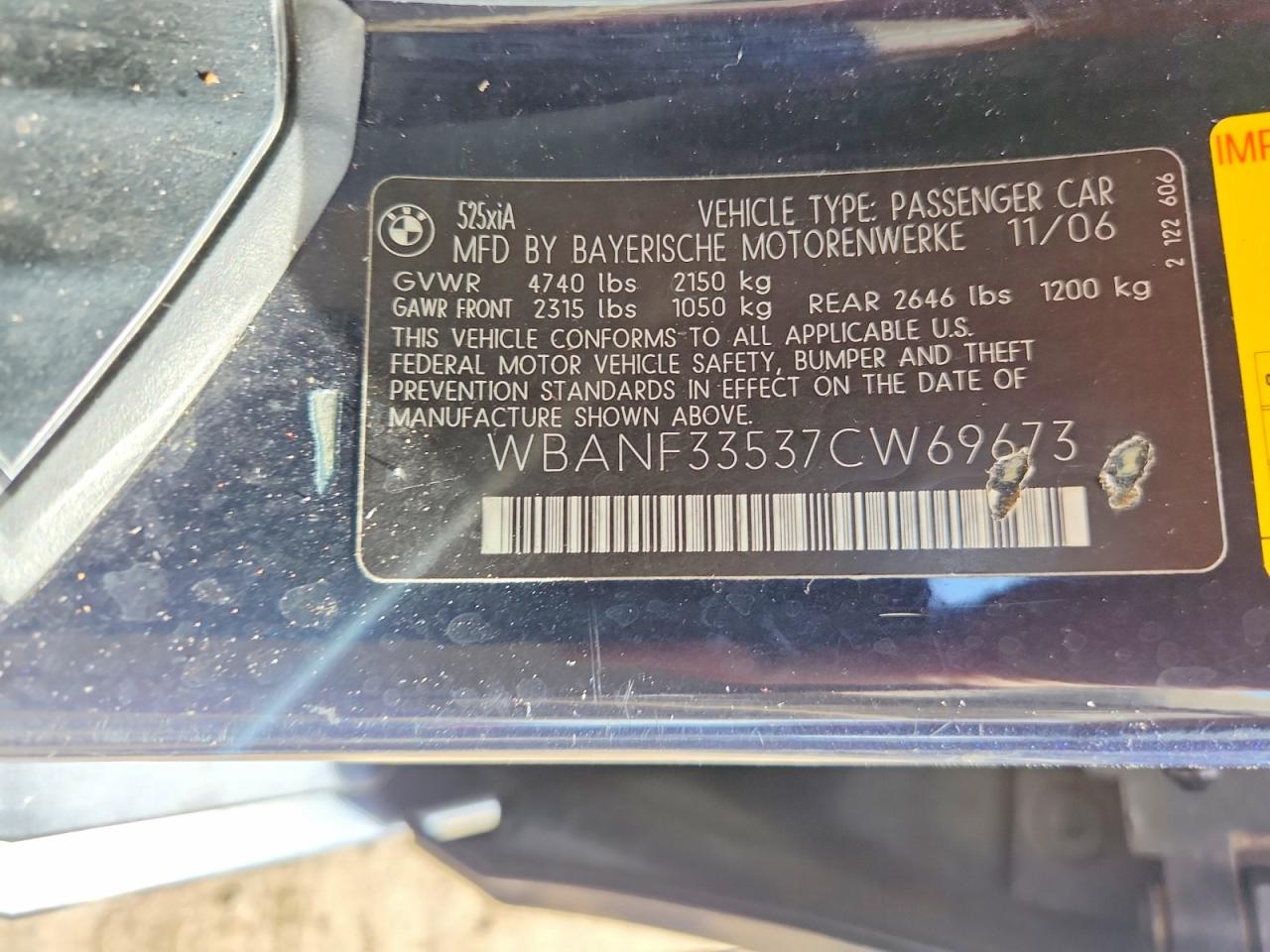 2007 BMW 5 series VIN WBANF33537CW69673 photo 12