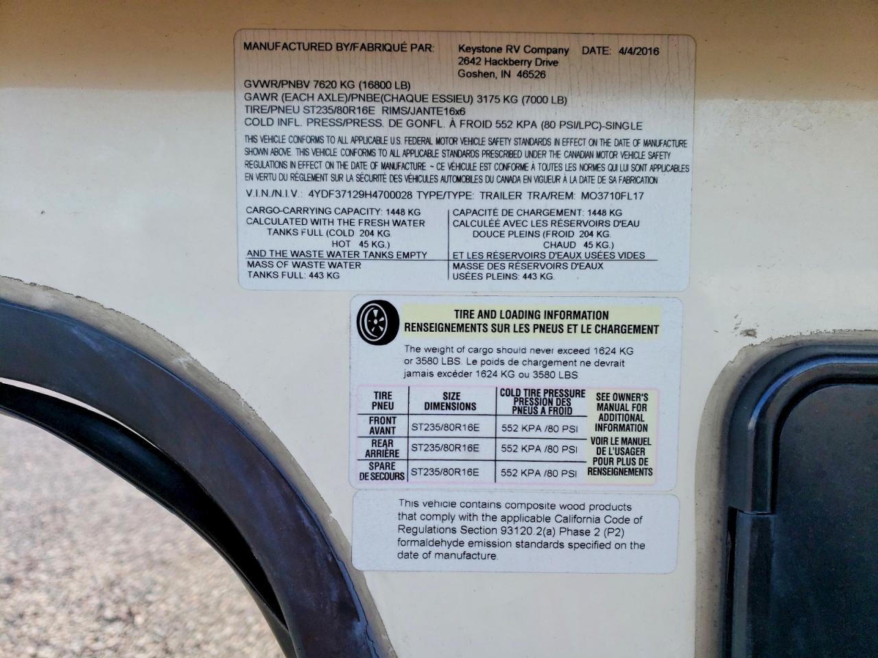 2017 KEYSTONE Trailer VIN 4YDF37129H4700028 photo 10