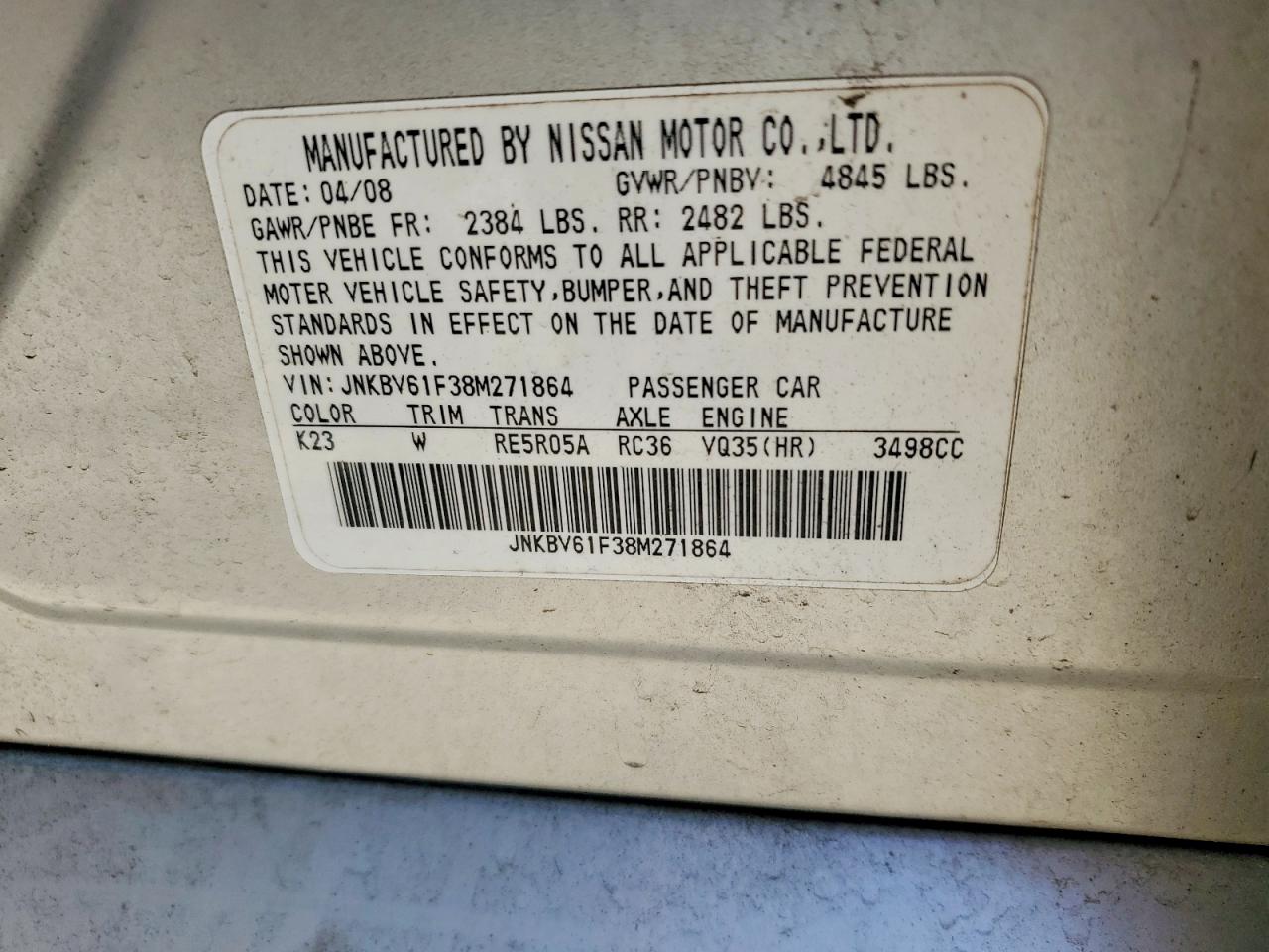 2008 Infiniti G35 VIN JNKBV61F38M271864 photo 12