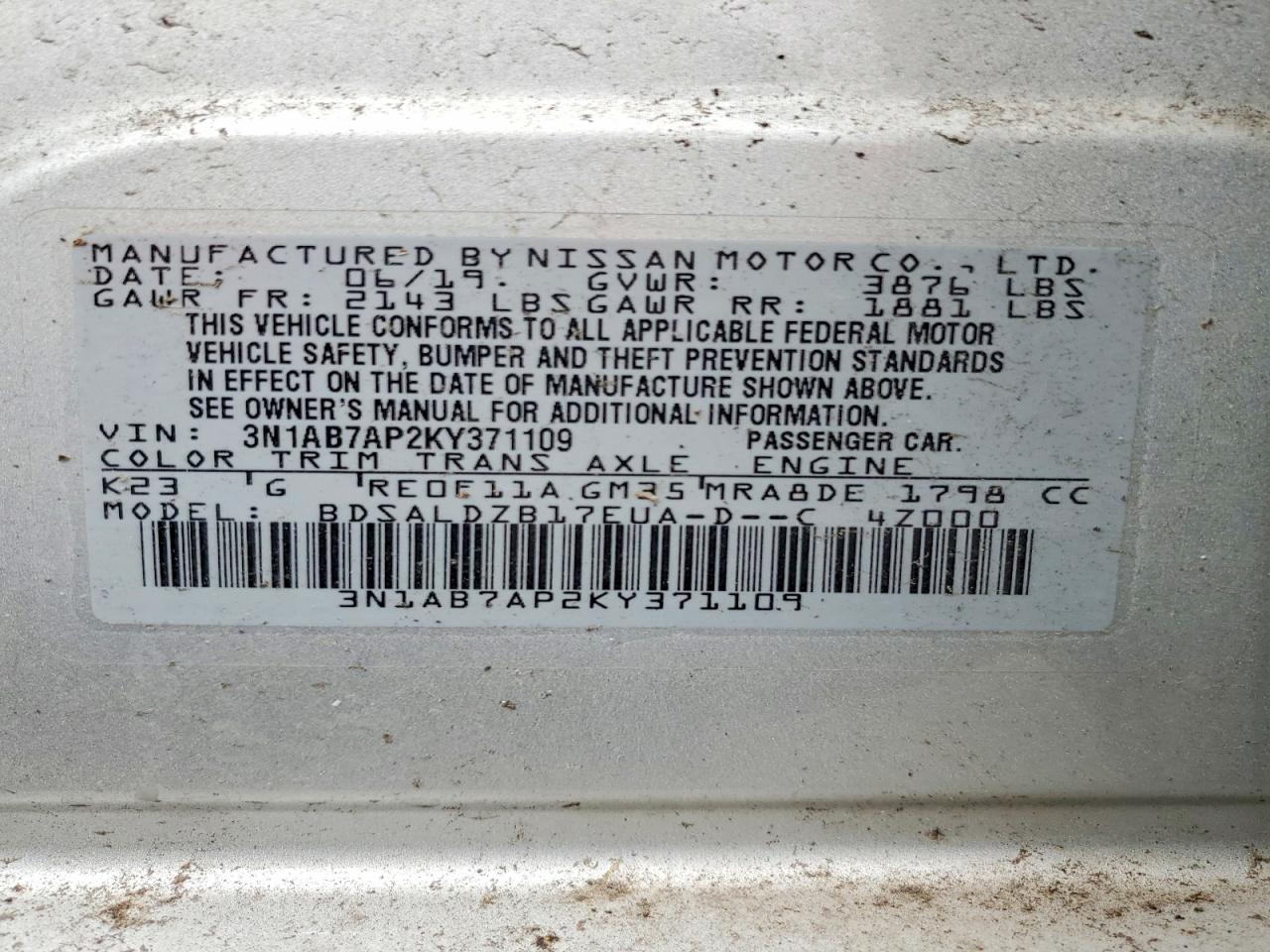 2019 NISS Sentra VIN 3N1AB7AP2KY371109 photo 12