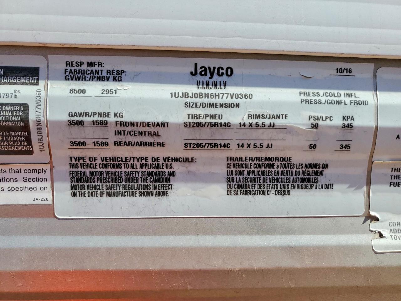 2017 JAYCO All models VIN 1UJBJ0BN6H77V0360 photo 10