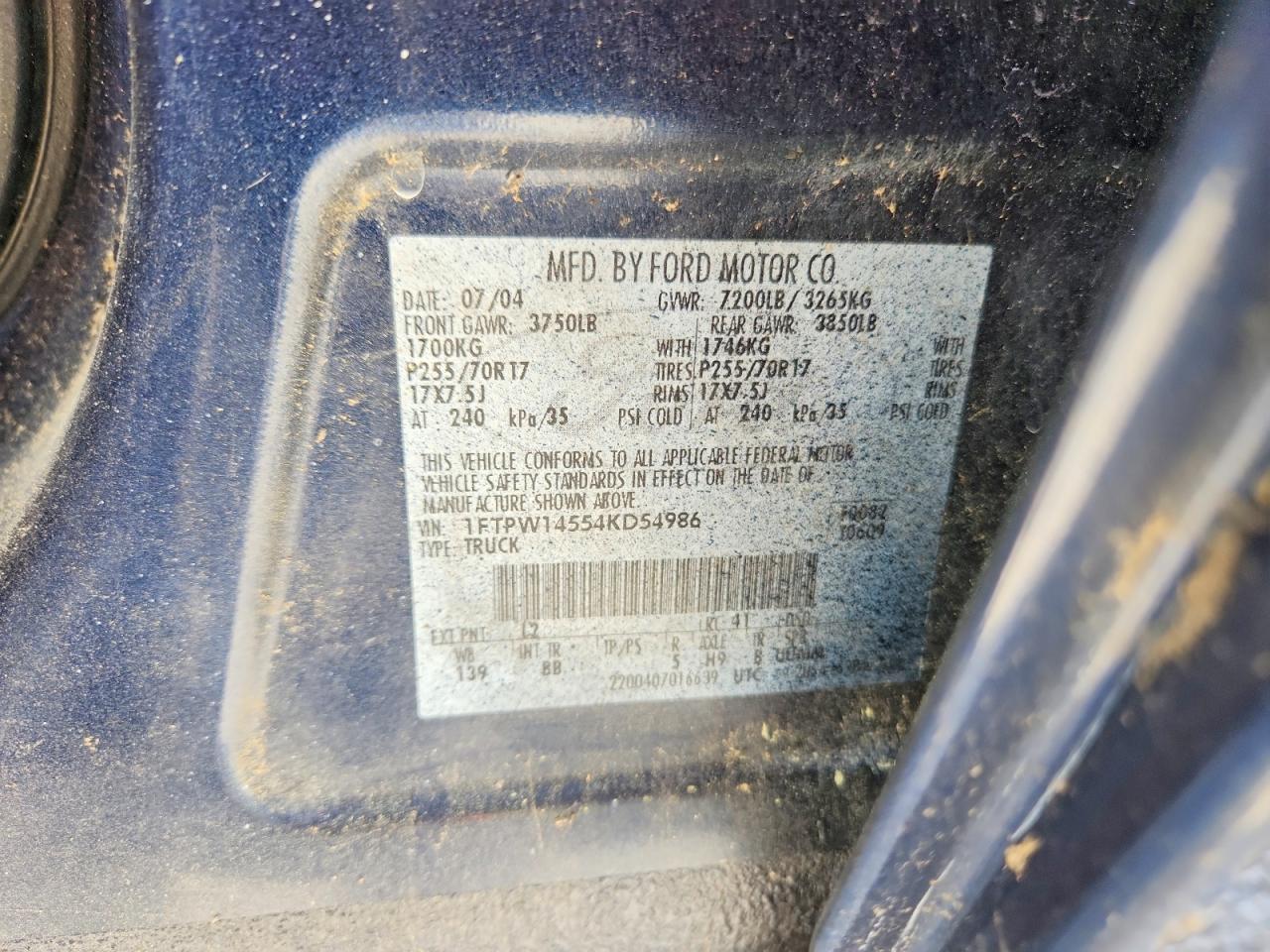 2004 Ford F150 VIN 1FTPW14554KD54986 photo 12