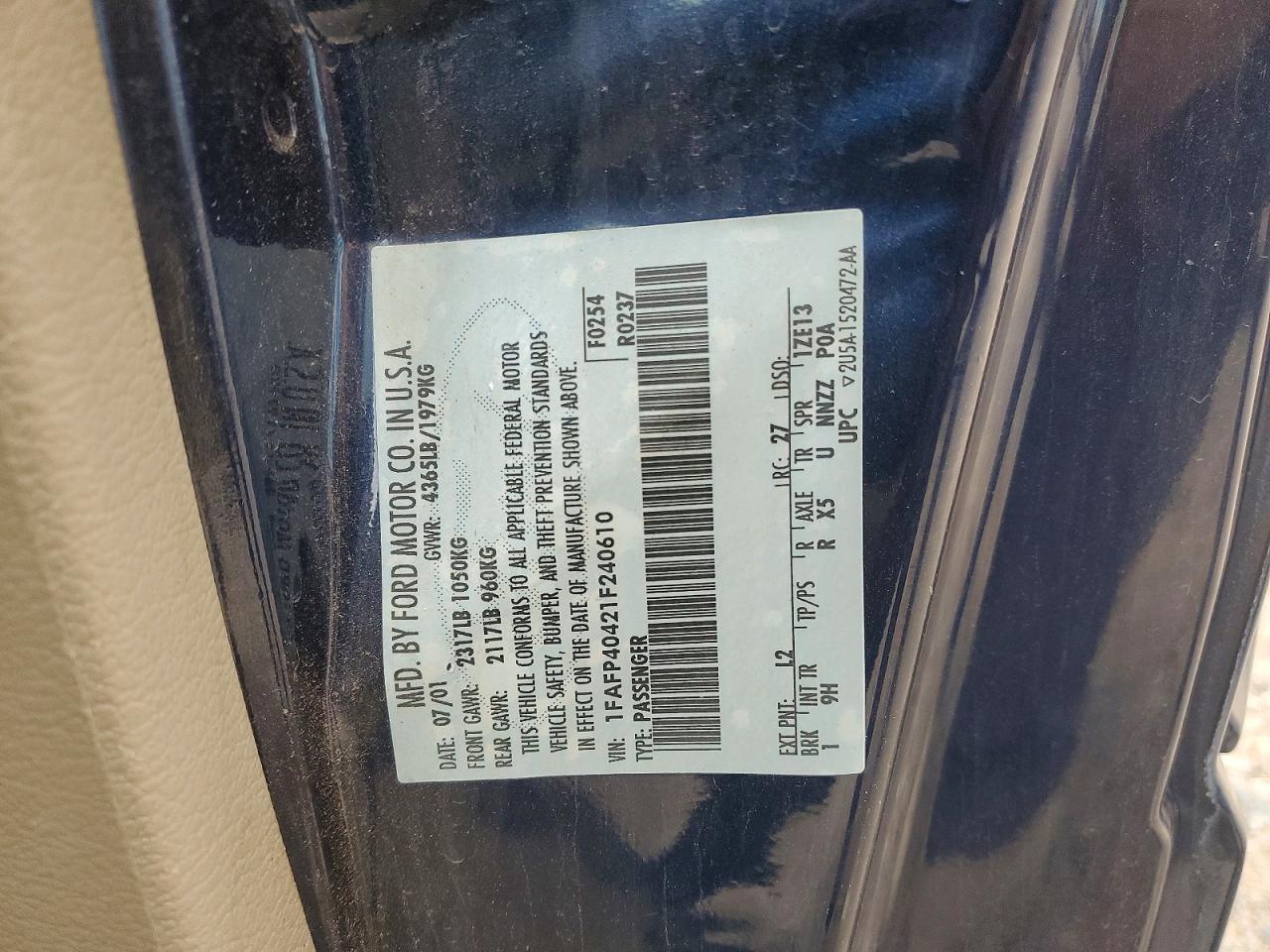 2001 Ford Mustang VIN 1FAFP40421F240610 photo 12