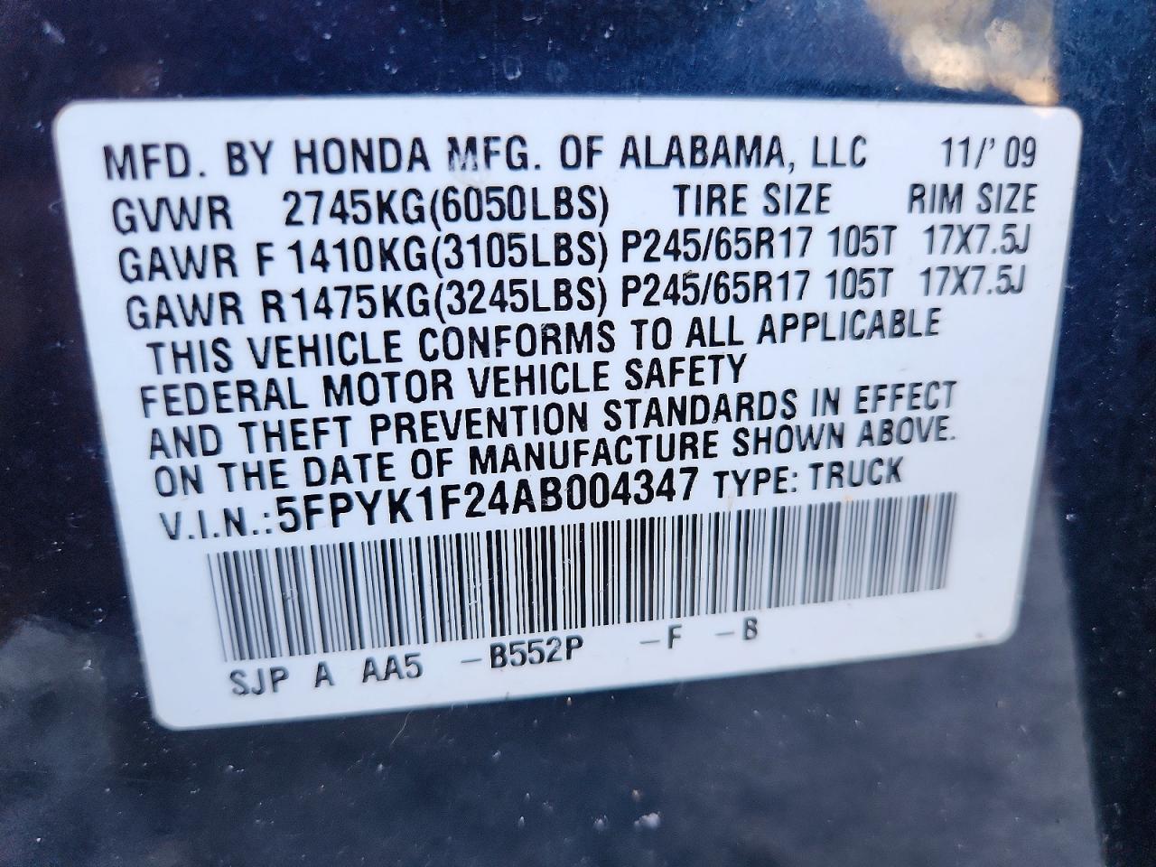 2010 Honda Ridgeline VIN 5FPYK1F24AB004347 photo 12