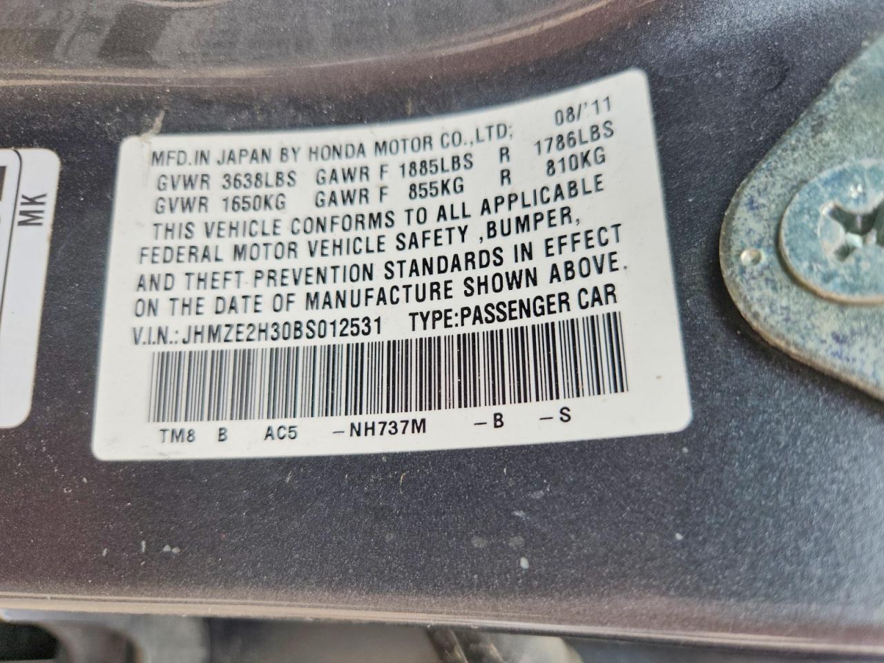 2011 Honda Insight VIN JHMZE2H30BS012531 photo 12