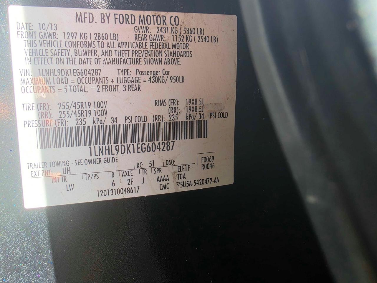 2014 Lincoln Mks VIN 1LNHL9DK1EG604287 photo 10