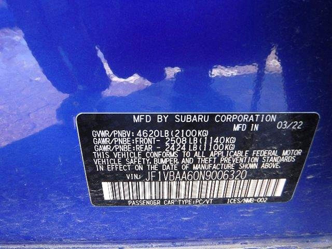 2022 Subaru Wrx VIN JF1VBAA60N9006320 photo 12