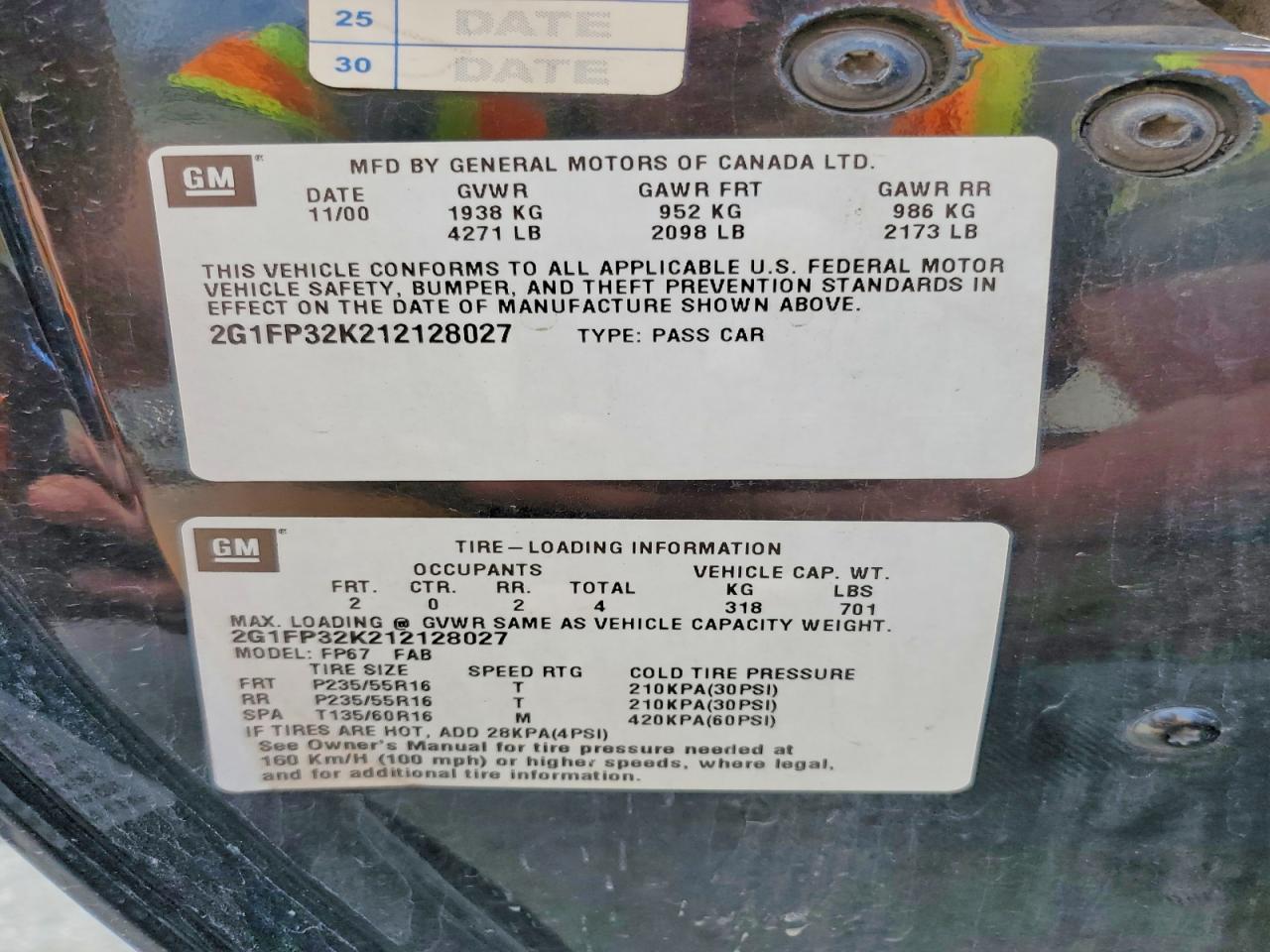 2001 CHEV Camaro VIN 2G1FP32K212128027 photo 12
