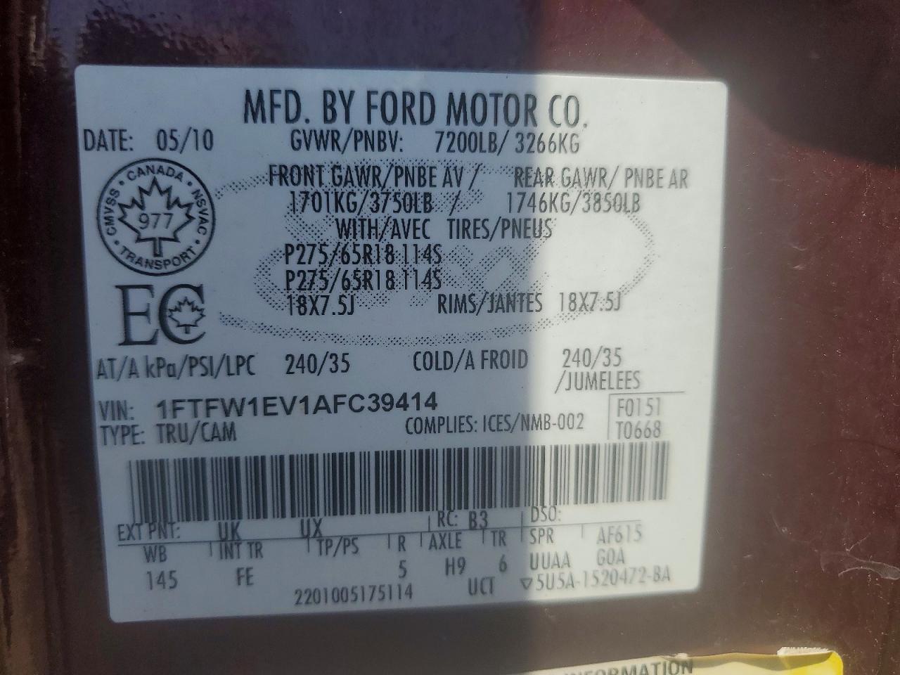 2010 Ford F150 VIN 1FTFW1EV1AFC39414 photo 12