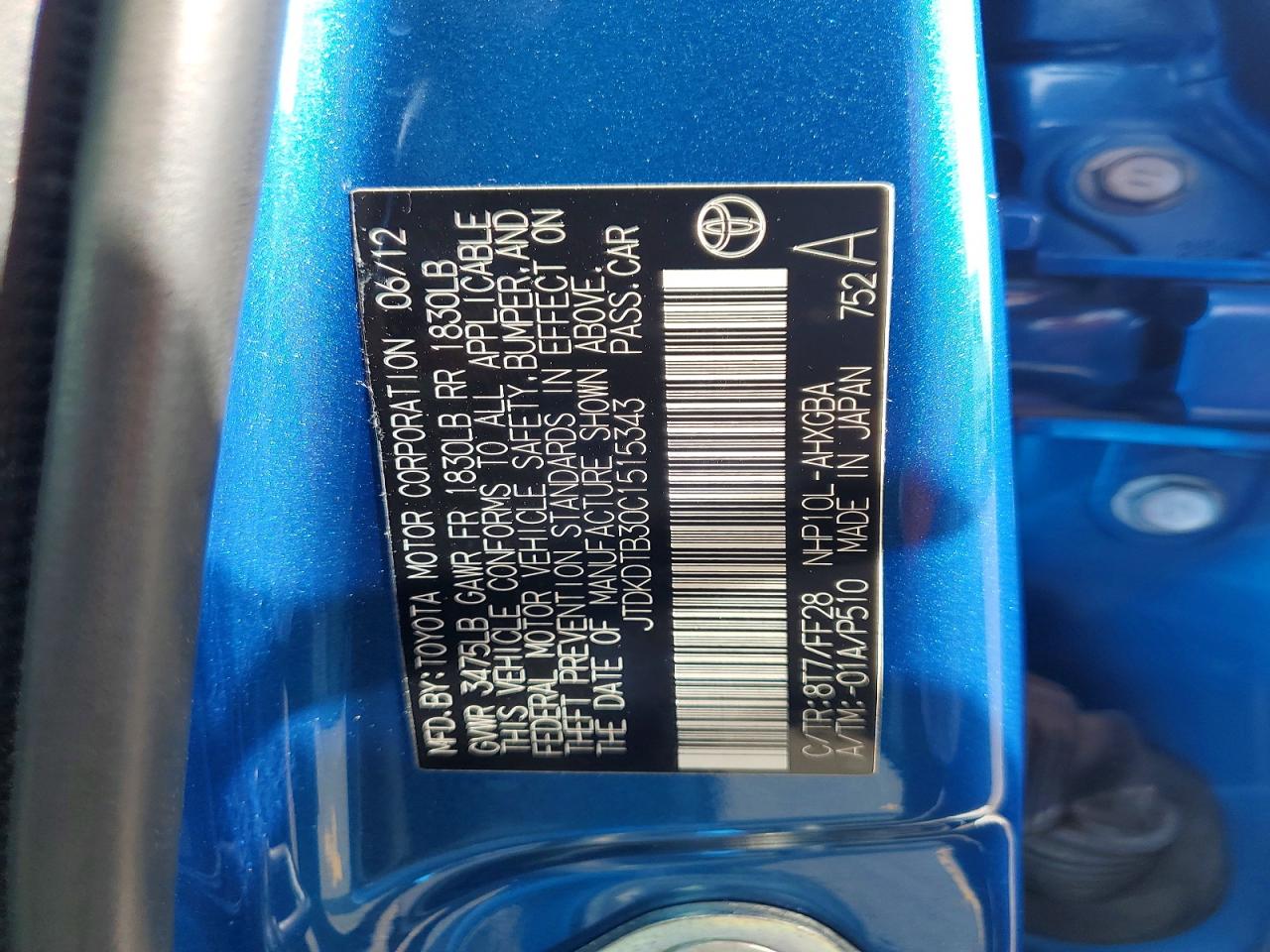 2012 Toyota Prius c th VIN JTDKDTB30C1515343 photo 12
