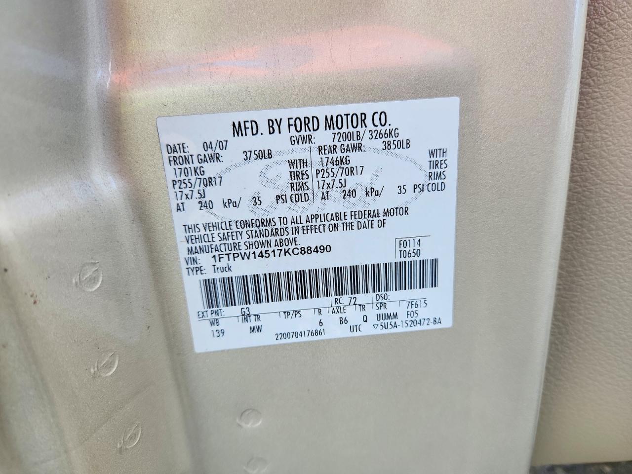 2007 Ford F150 VIN 1FTPW14517KC88490 photo 12