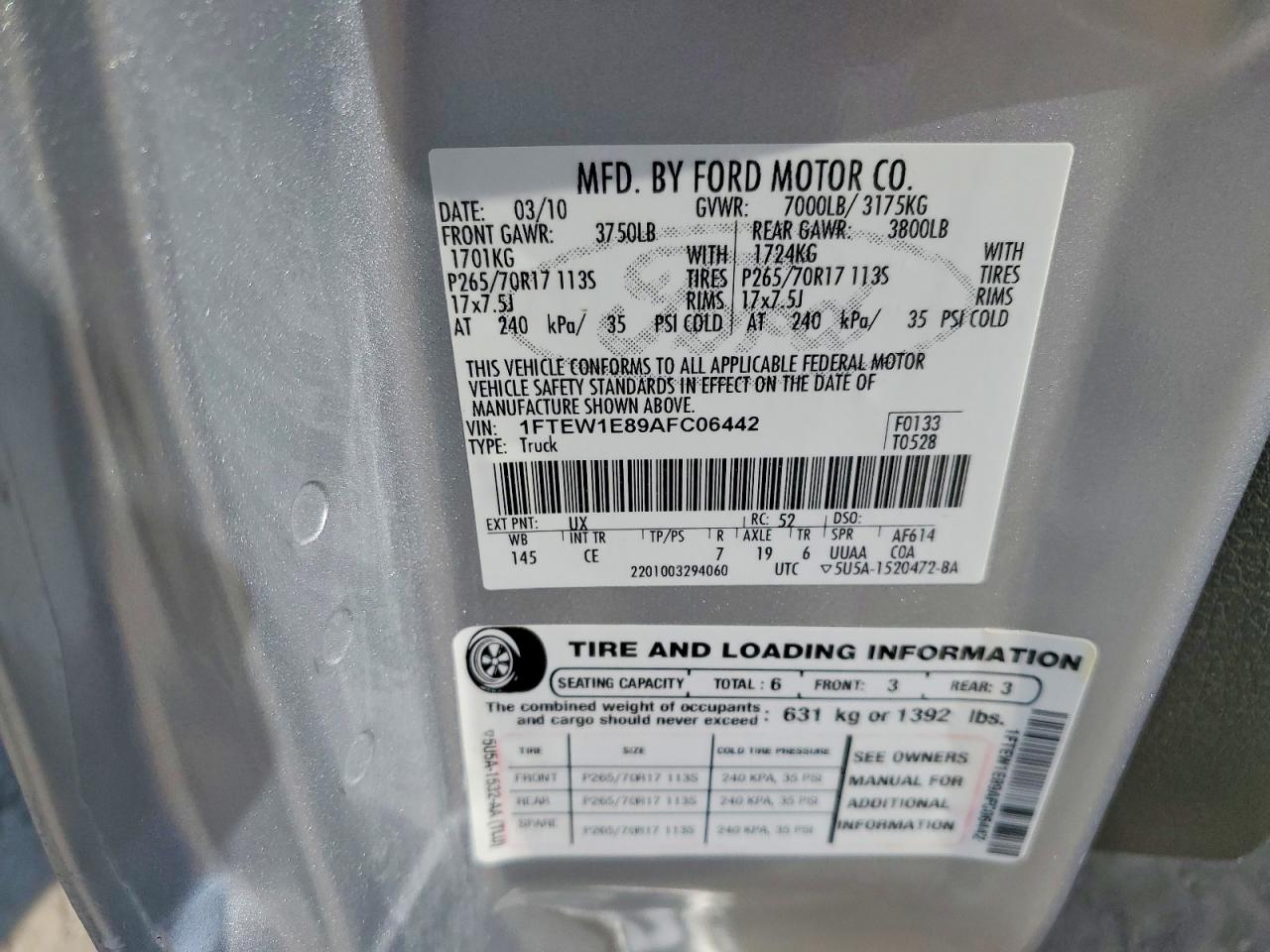 2010 Ford F150 VIN 1FTEW1E89AFC06442 photo 12