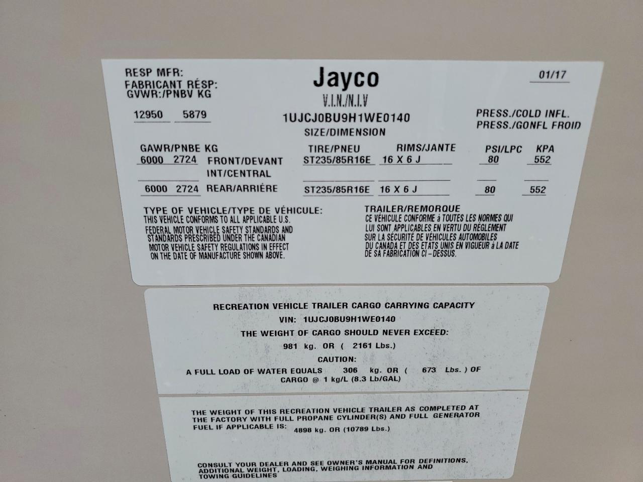 2017 JAYCO Eagle seri VIN 1UJCJ0BU9H1WE0140 photo 10