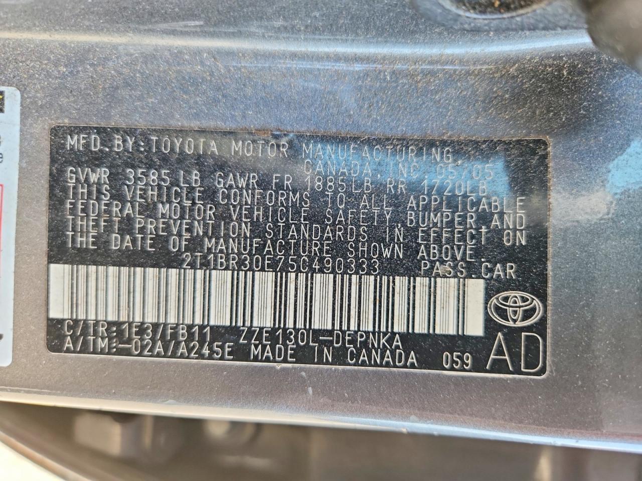2005 TOYT Corolla VIN 2T1BR30E75C490333 photo 12