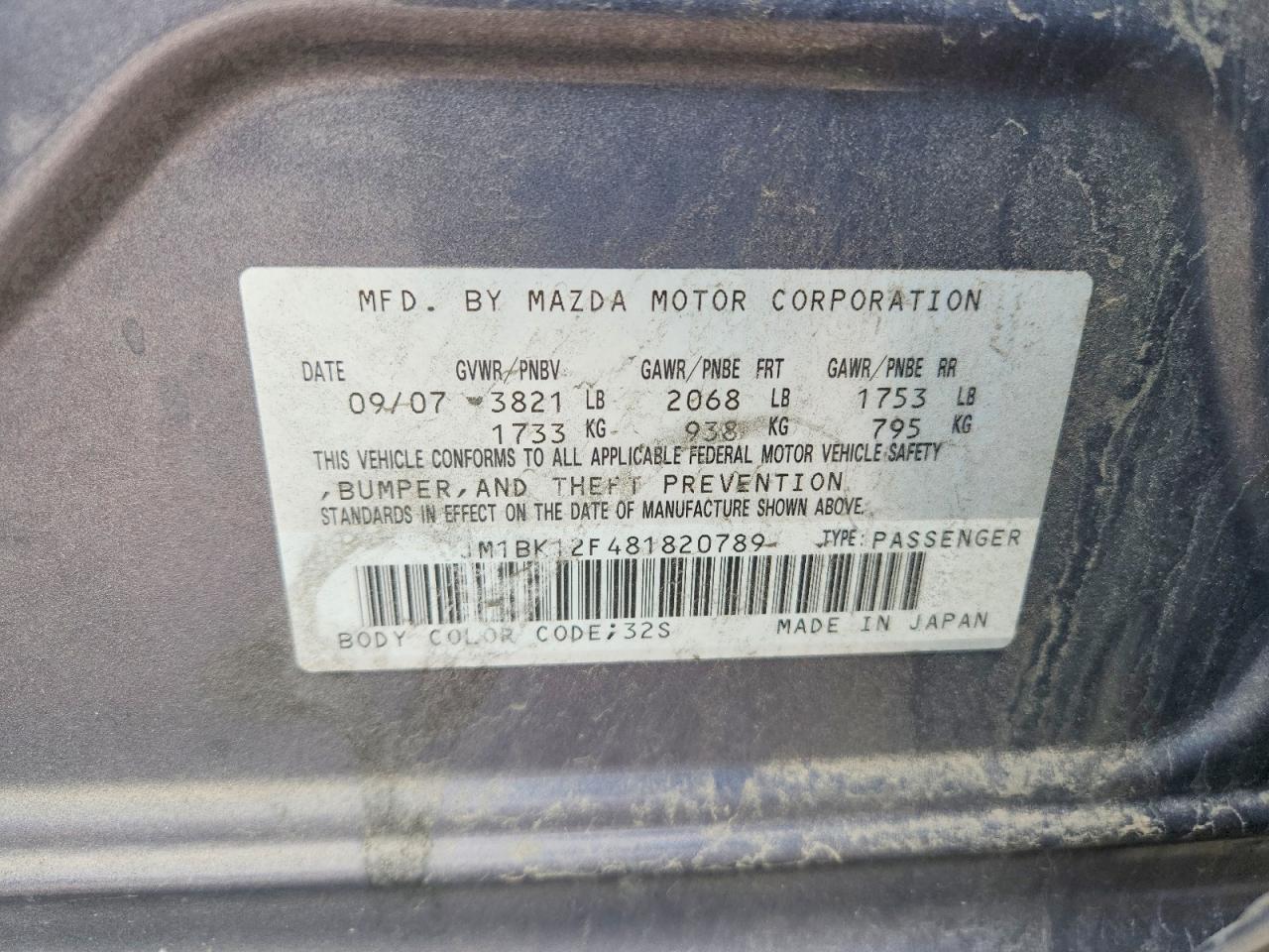 2008 Mazda 3 VIN JM1BK12F481820789 photo 12