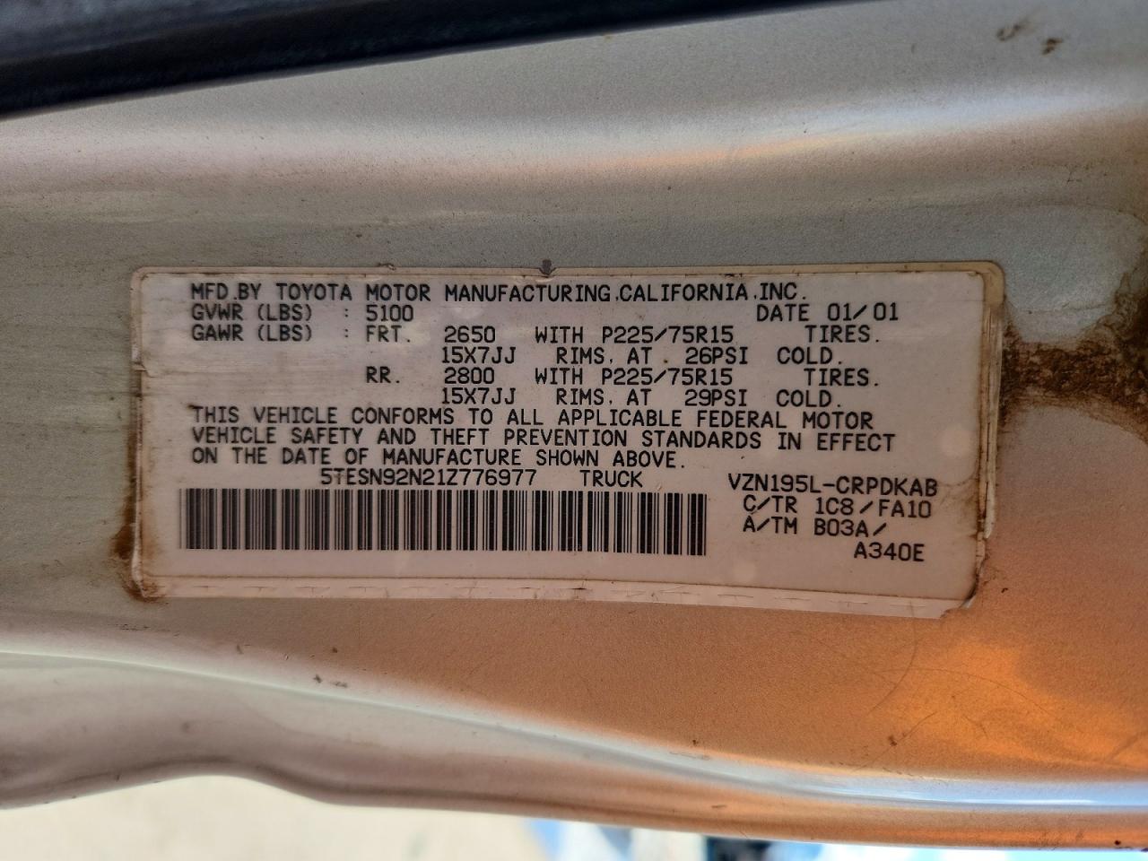 2001 Toyota Tacoma VIN 5TESN92N21Z776977 photo 12