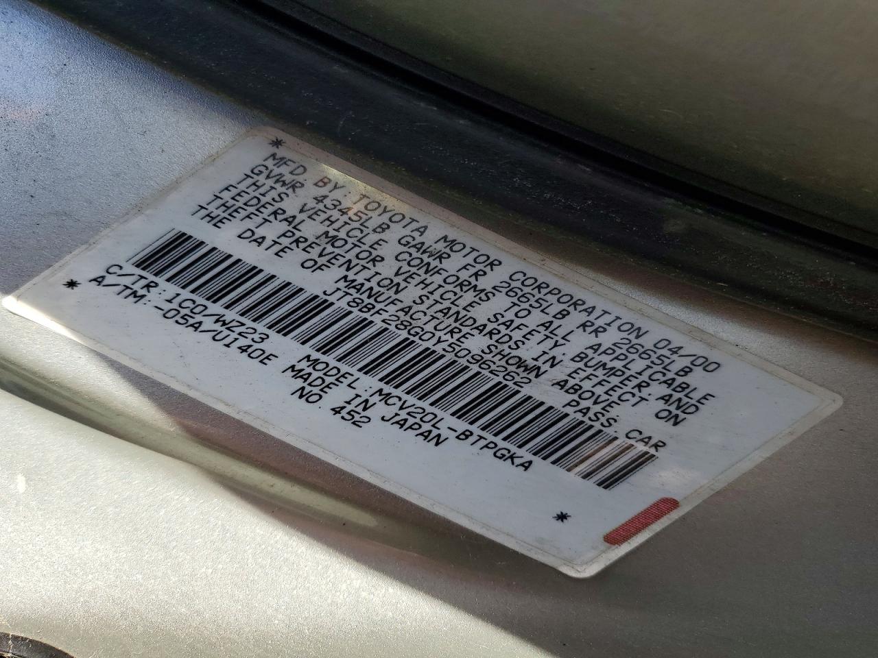 2000 Lexus Es300 VIN JT8BF28G0Y5096262 photo 12