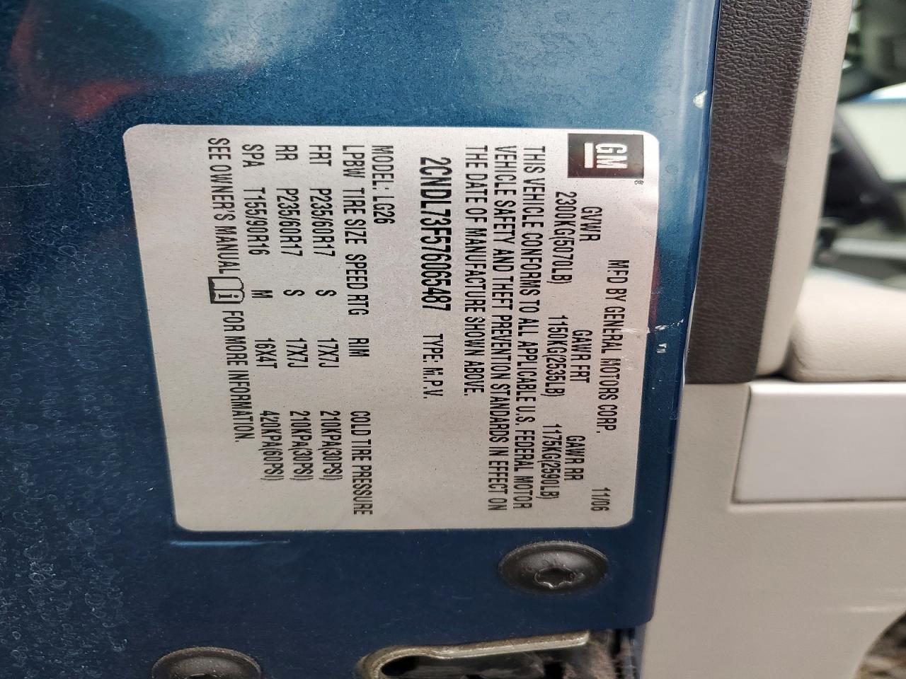 2007 Chev Equinox VIN 2CNDL73F576065487 photo 12