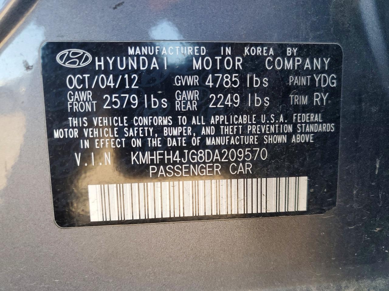 2013 Hyundai Azera VIN KMHFH4JG8DA209570 photo 12