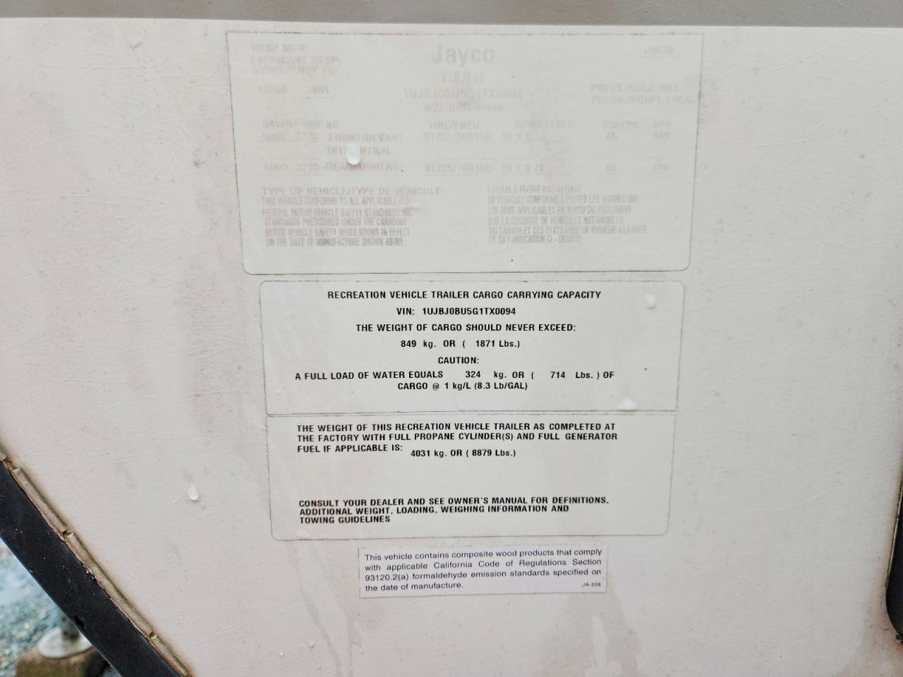 2016 JAYCO All models VIN 1UJBJ0BU5G1TX0094 photo 10