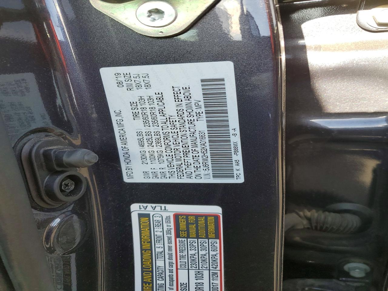 2019 HONDA Crv VIN 5J6RW2H52KA016631 photo 12
