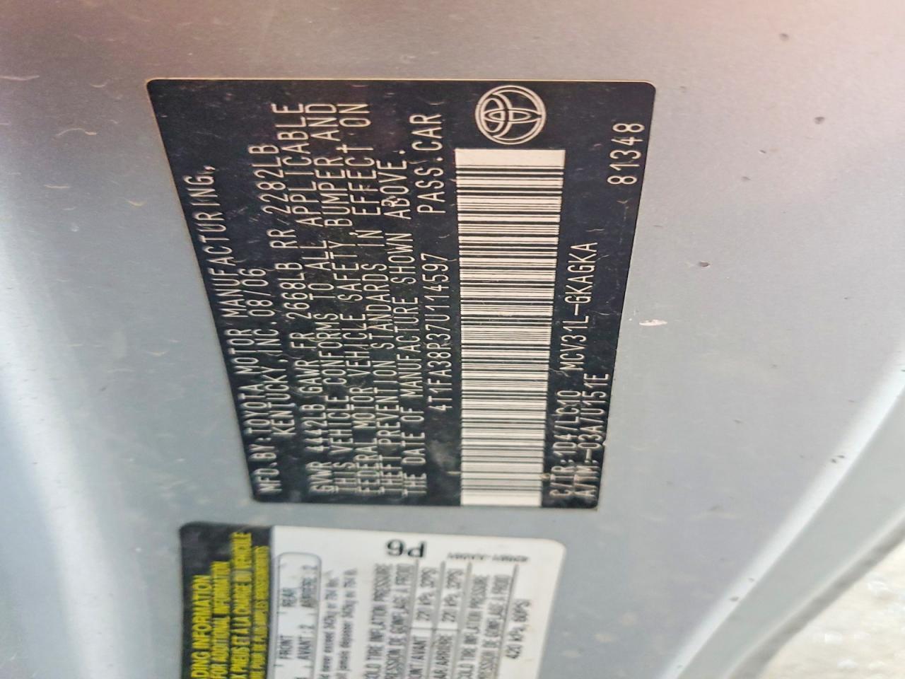 2007 Toyota Camry sola VIN 4T1FA38P37U114597 photo 12