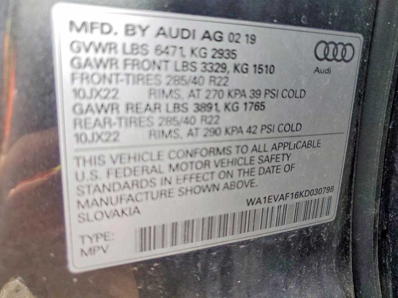 2019 Audi Q8 VIN WA1EVAF16KD030798 photo 12