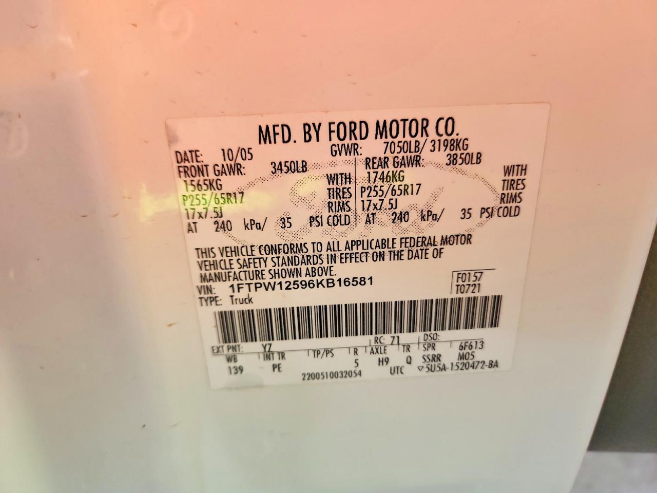 2006 Ford F150 VIN 1FTPW12596KB16581 photo 12