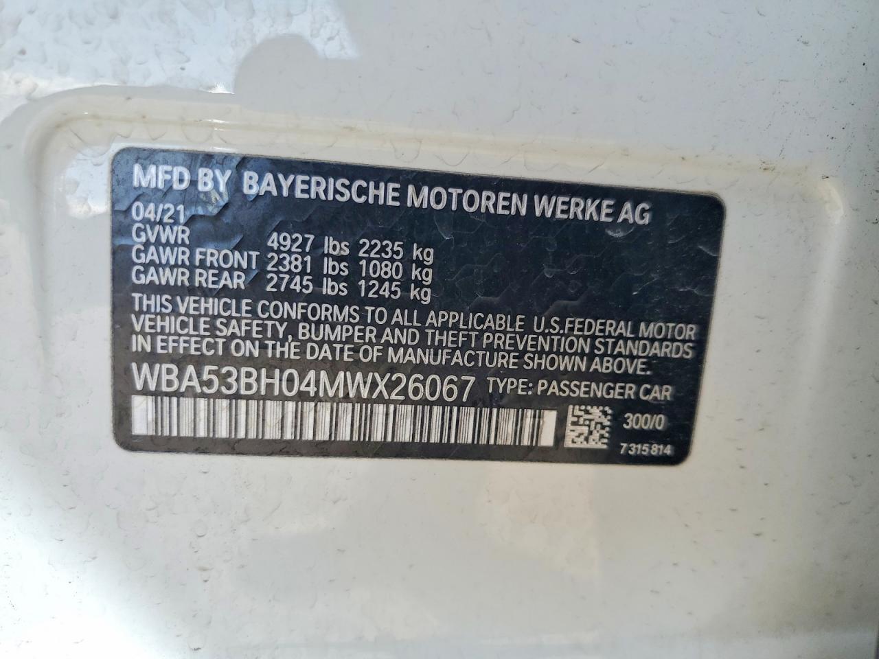2021 BMW 5 series VIN WBA53BH04MWX26067 photo 12
