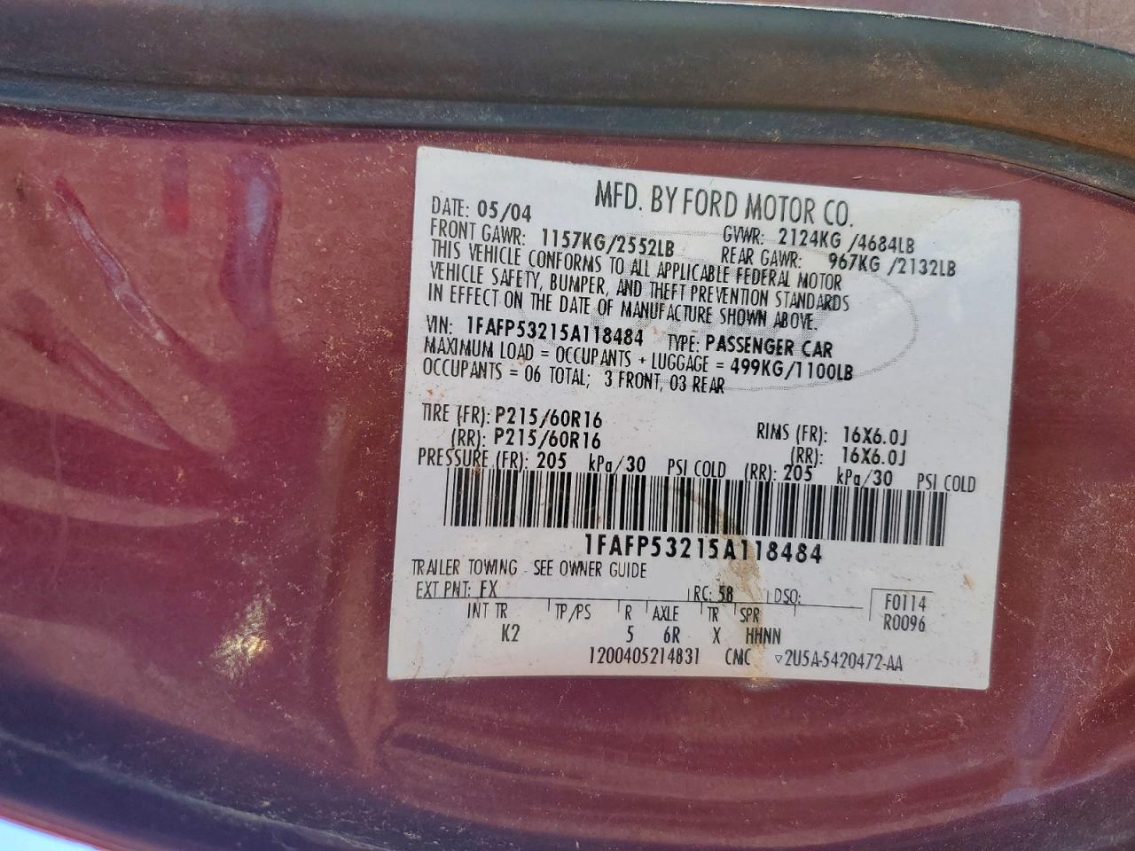 2005 Ford Taurus VIN 1FAFP53215A118484 photo 12