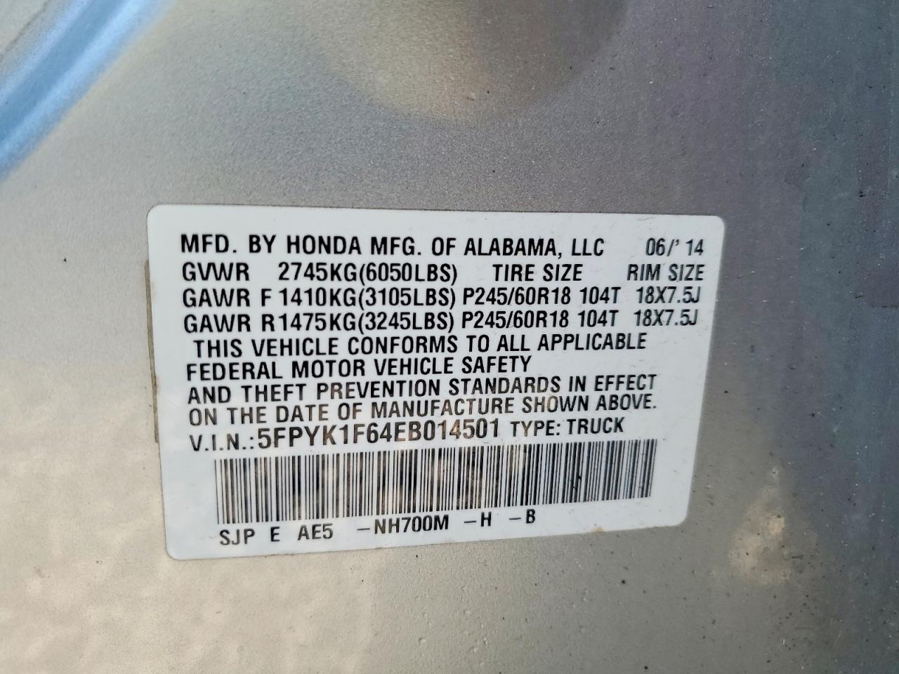 2014 Honda Ridgeline VIN 5FPYK1F64EB014501 photo 12