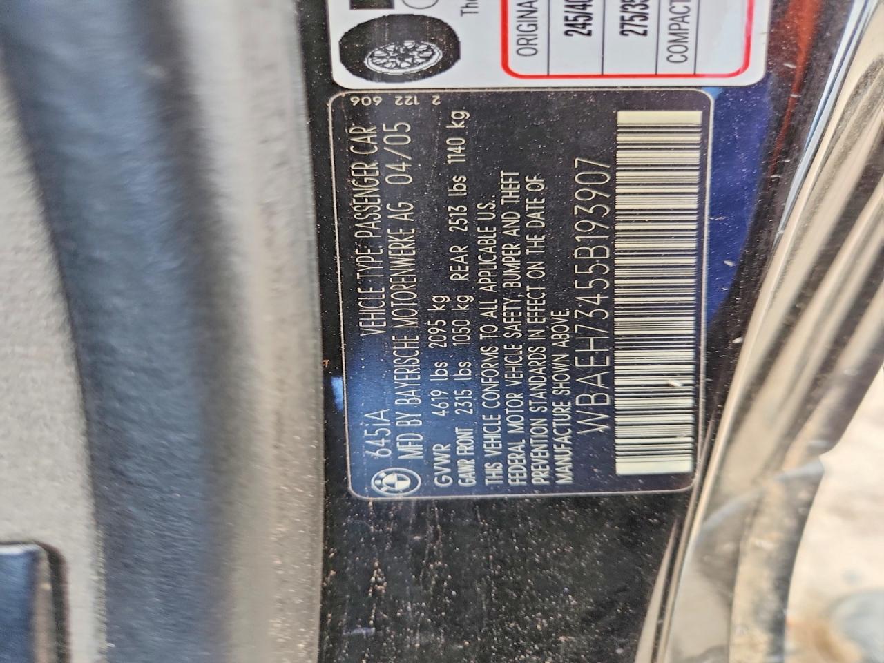 2005 BMW 6 series VIN WBAEH73455B193907 photo 12