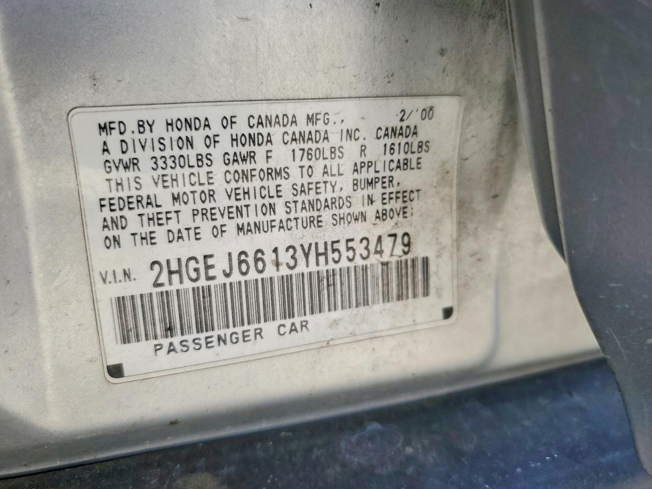 2000 HONDA Civic VIN 2HGEJ6613YH553479 photo 12