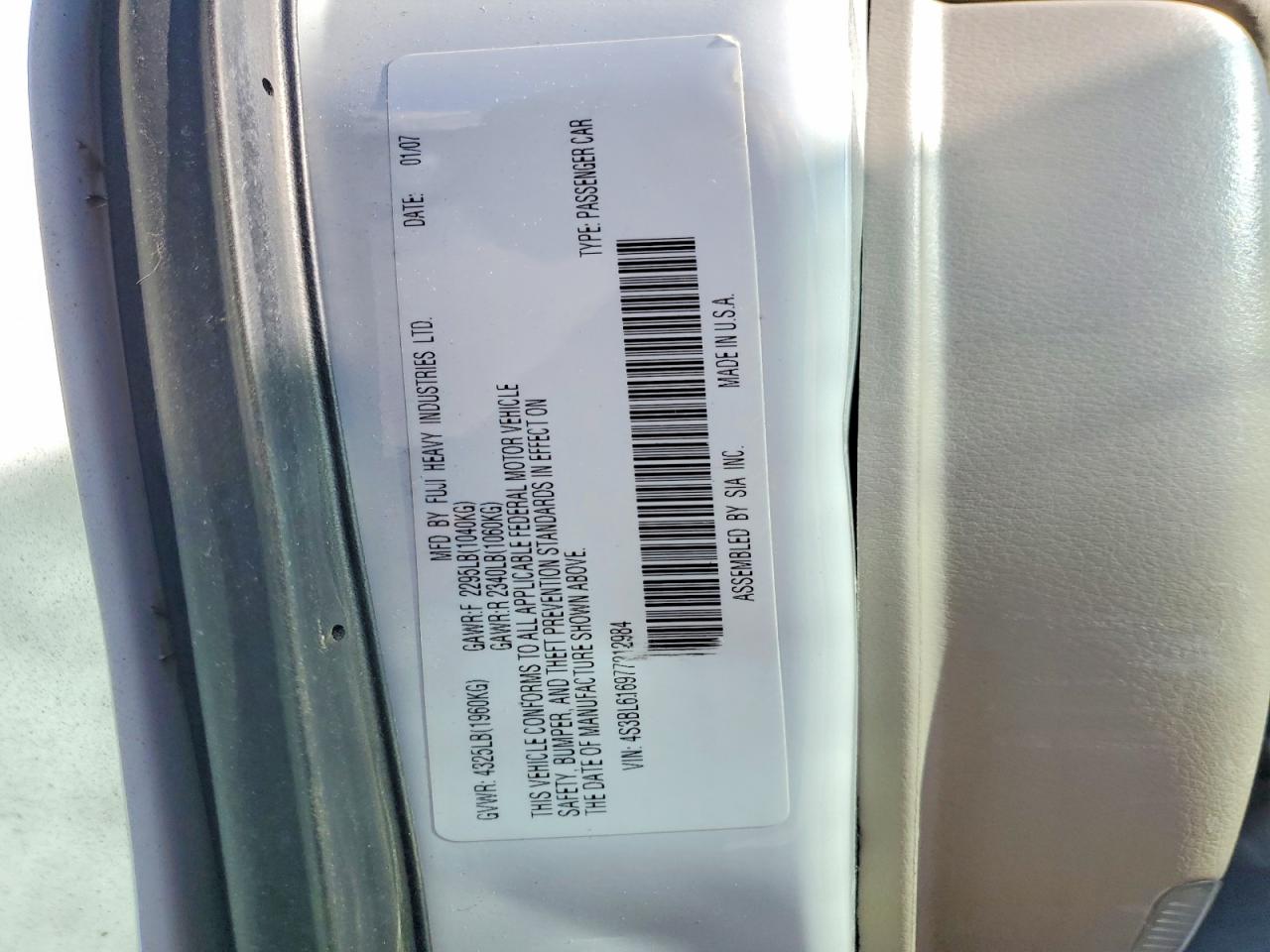 2007 Subaru LEGACY VIN 4S3BL616977212984 photo 12