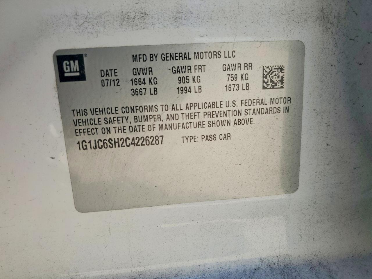 2012 Chevrolet SONIC VIN 1G1JC6SH2C4226287 photo 12