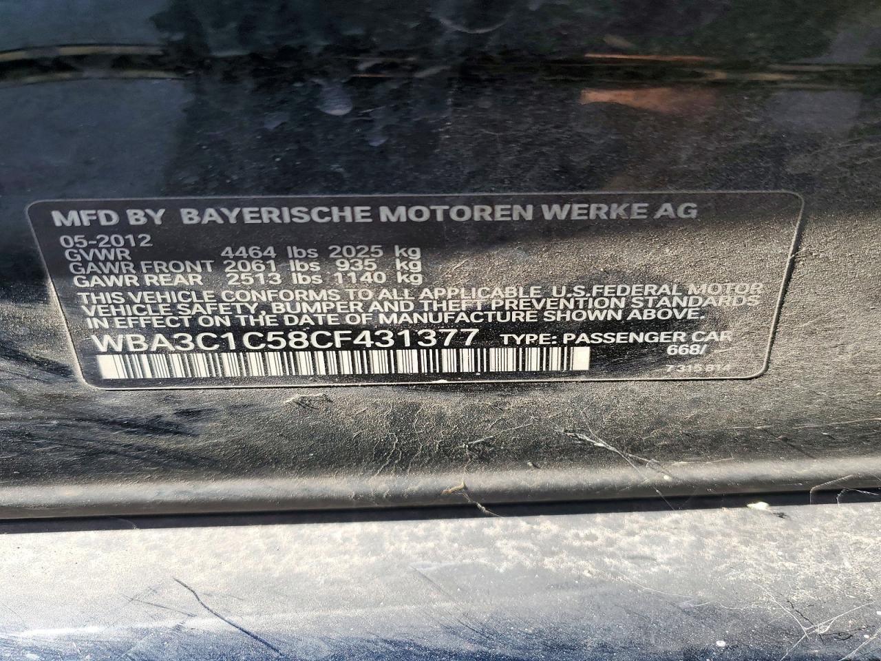 2012 BMW 3 series VIN WBA3C1C58CF431377 photo 12