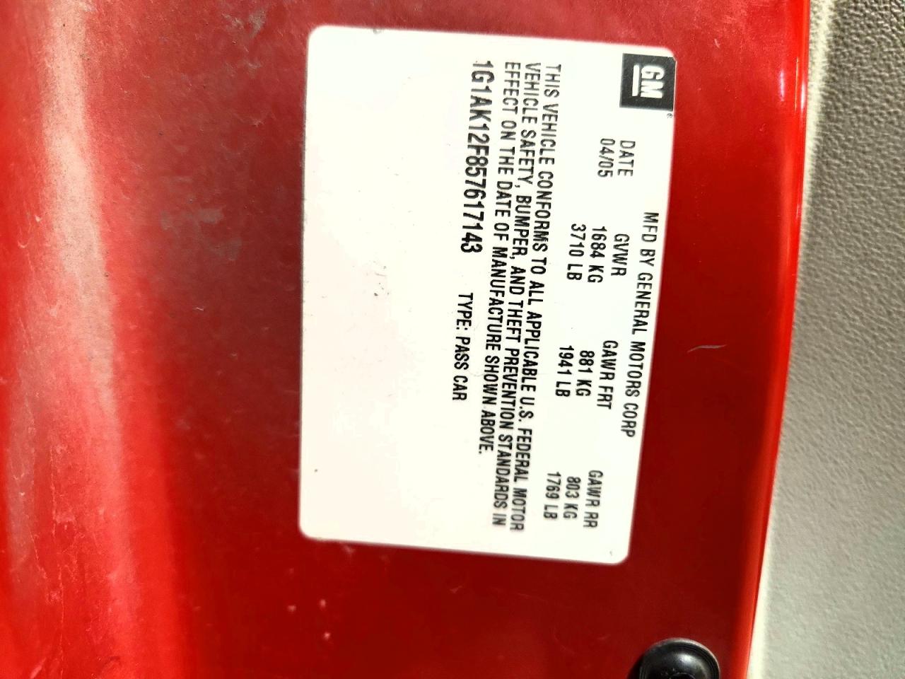 2005 Chevrolet Cobalt VIN 1G1AK12F857617143 photo 12