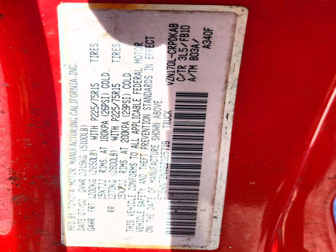 2002 Toyota Tacoma VIN 5TEWN72N32Z125719 photo 12
