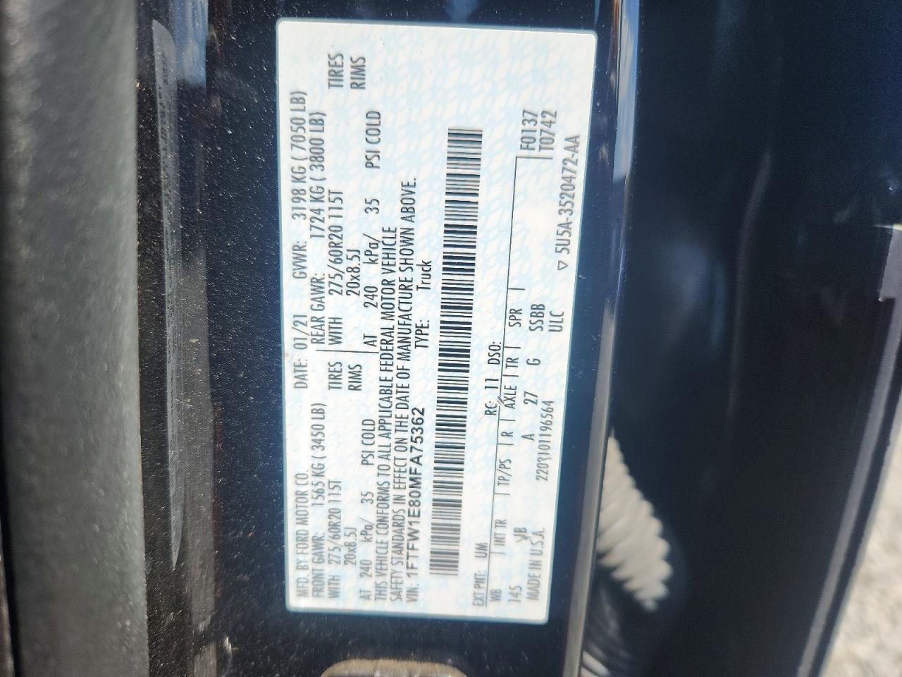 2021 Ford F150 VIN 1FTFW1E80MFA75362 photo 12