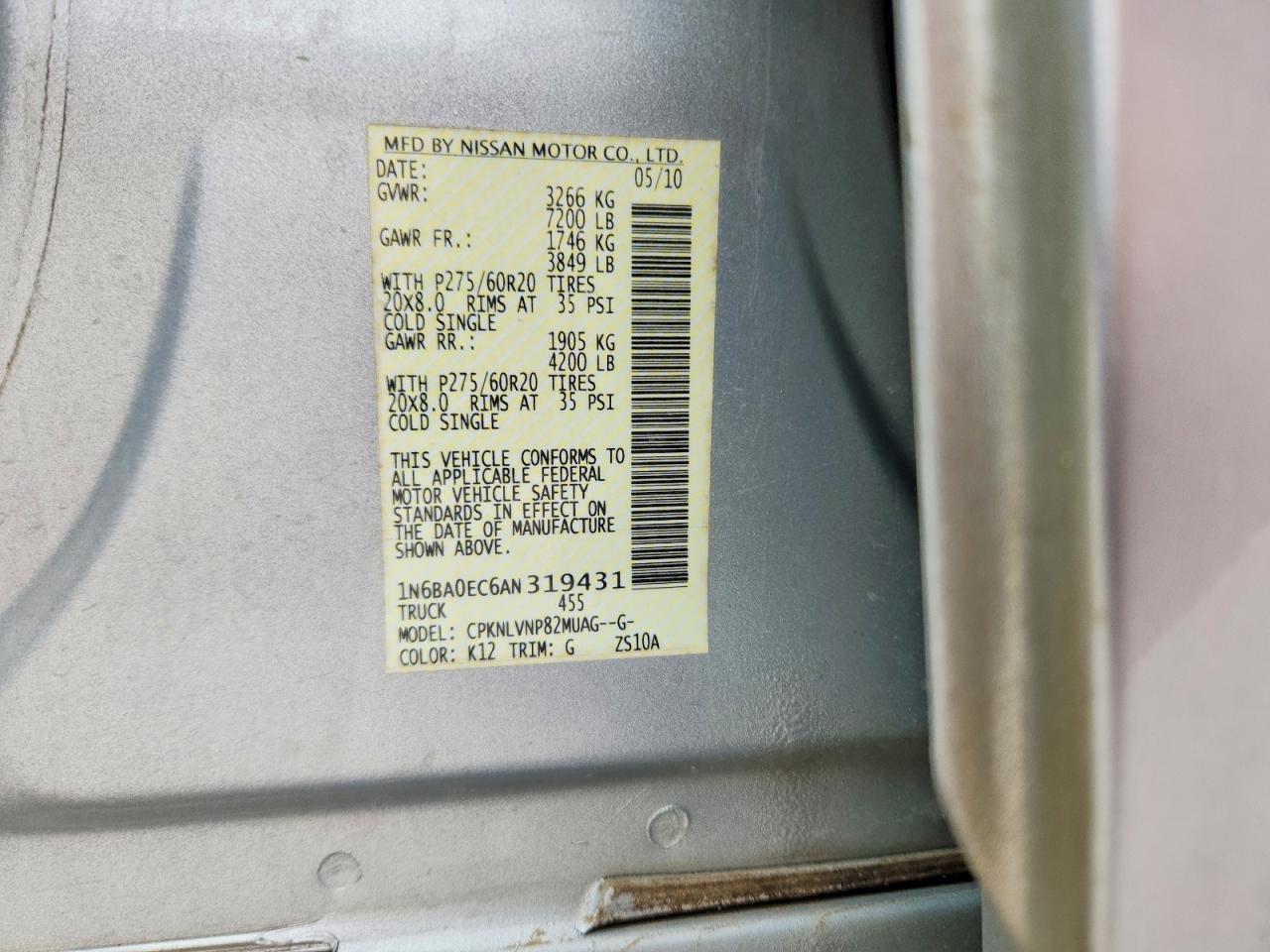 2010 Nissan TITAN VIN 1N6BA0EC6AN319431 photo 12