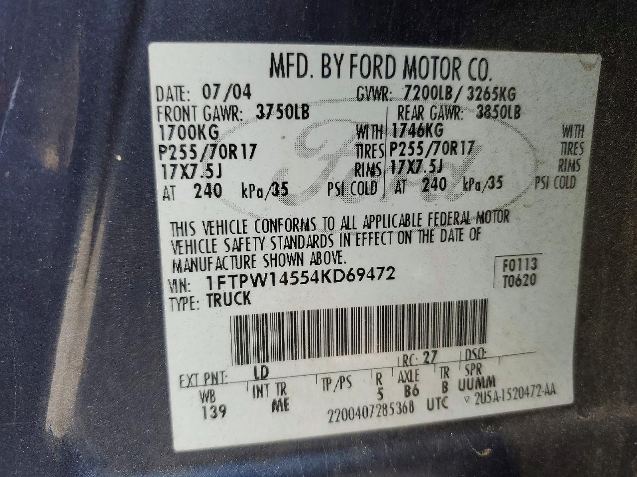 2004 Ford F150 VIN 1FTPW14554KD69472 photo 12