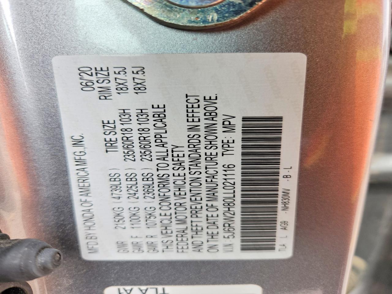 2020 Honda Crv VIN 5J6RW2H80LL021116 photo 12
