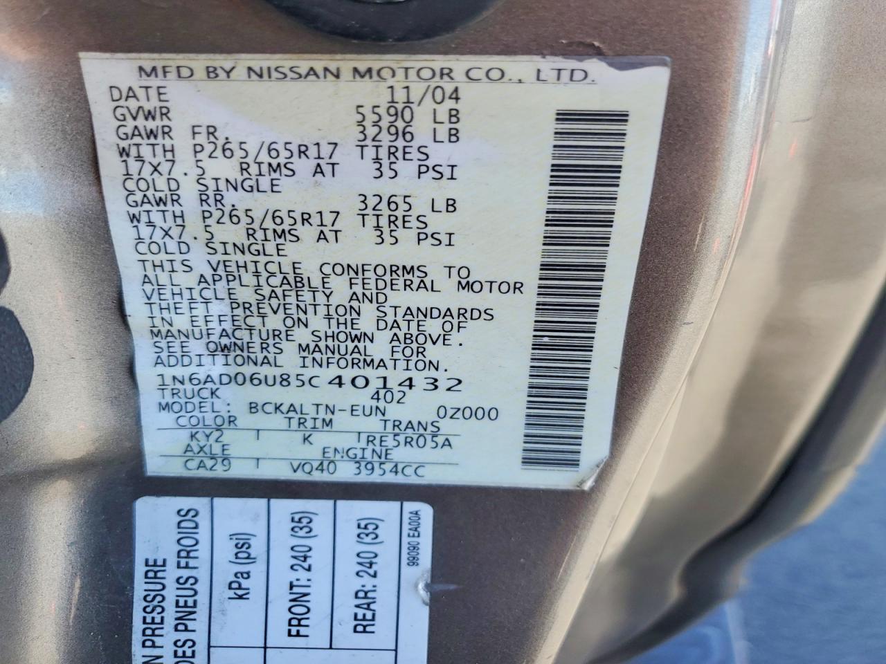 2005 Nissan Frontier VIN 1N6AD06U85C401432 photo 12