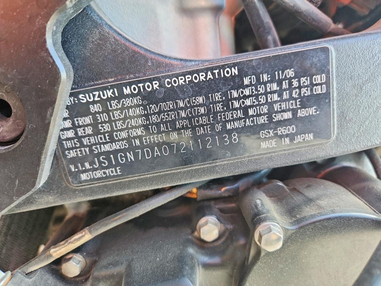 2007 Suzuki Gsxr600 VIN JS1GN7DA072112138 photo 9