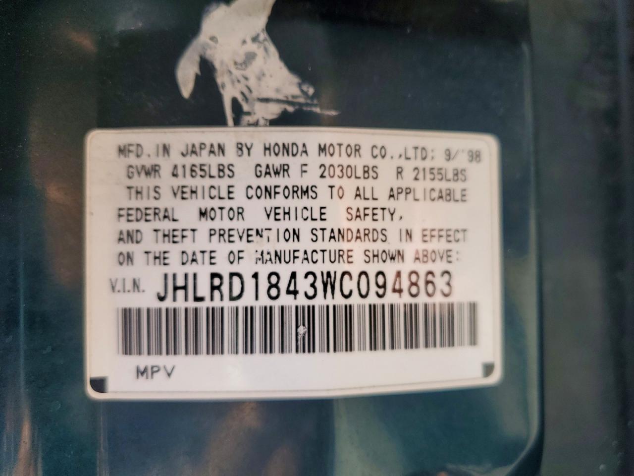 1998 Honda Crv VIN JHLRD1843WC094863 photo 12