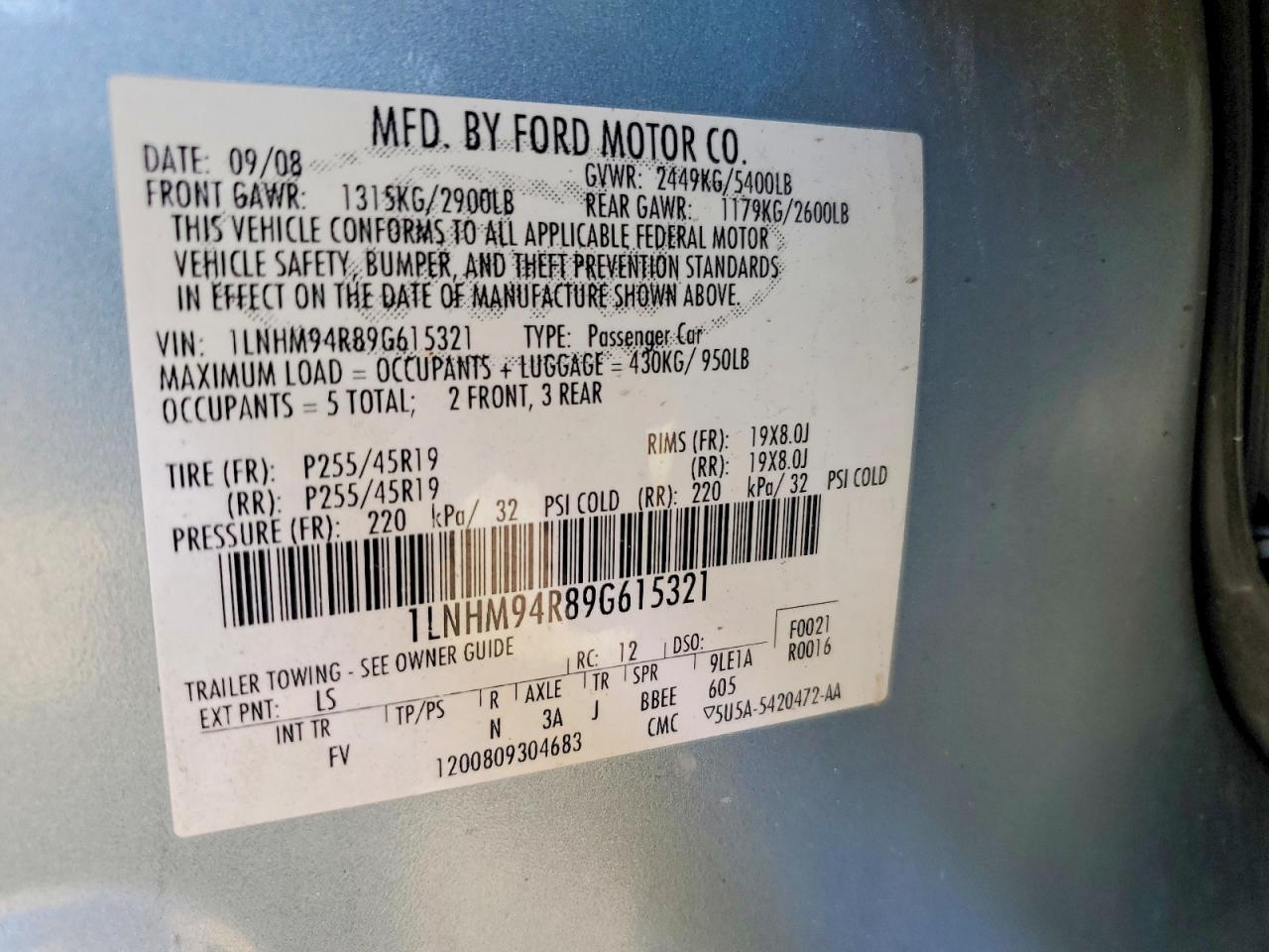 2009 Lincoln Mks VIN 1LNHM94R89G615321 photo 12