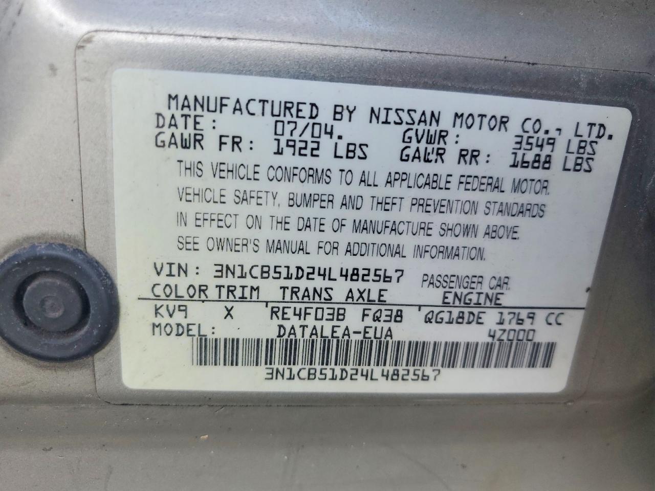 2004 NISSAN Sentra VIN 3N1CB51D24L482567 photo 12