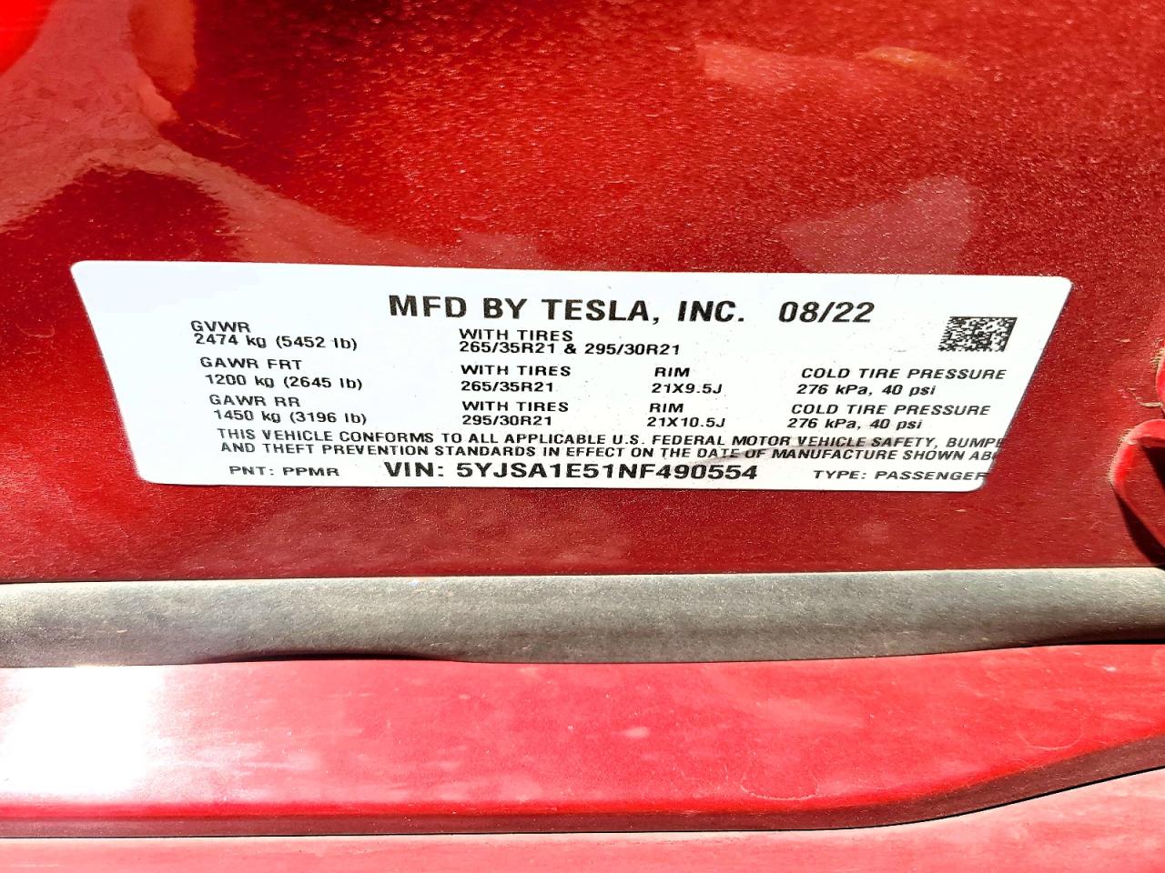 2022 Tesla Model s VIN 5YJSA1E51NF490554 photo 12